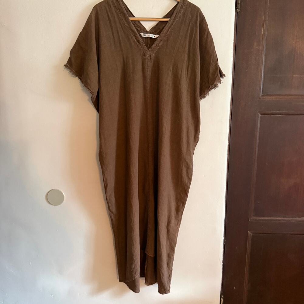 ZARA | Brown Linen Blend Maxi Caftan, Swim Cover Up, Maxi Dress | Size Medium